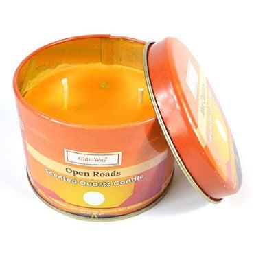 Abre Caminos Quartz Tin Candle with quartz chips for healing, success, and empath protection in a 120 gm tin