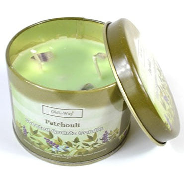 Pachuli (Patchouli) quartz tin candle with green wax and lid, infused with crystal chips for spiritual energy enhancement.