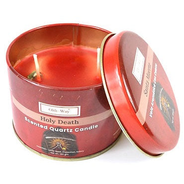 Santa Muerte (Holy Death) quartz tin candle with clover scent and crystal chips in a red tin.
