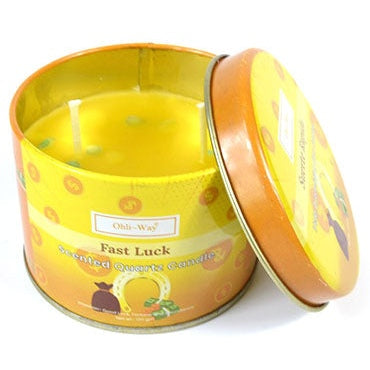 Suerte Rapida (Fast Luck) quartz tin candle with white tea and pear scent, Ohli Way, lid open, yellow wax, crystal chips, 120 gm.