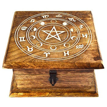 Zodiac Moon Phase Wood Box, 7" x 7" x 3 1/2"