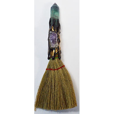 7-inch Amethyst Crystal Broom with fluorite point for spiritual cleansing and protection