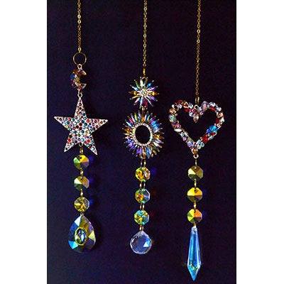 Set of 3 beaded sun catchers with multi-colored beads and gold hardware for spiritual energy and protection