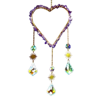 Amethyst Heart Sun Catcher with genuine amethyst, sun charms, and cascading chains for spiritual protection and energy cleansing