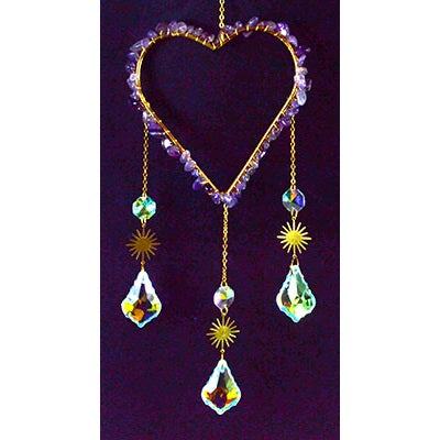 Amethyst Heart Sun Catcher with genuine amethyst, sun charms, and cascading chains for spiritual protection and energy cleansing
