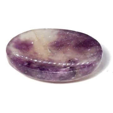 Polished Lepidolite worry stone with purple and white hues for mood stabilization and spiritual harmony.