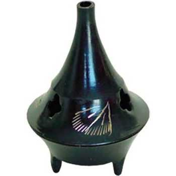 Black brass cone incense burner with star cut-outs for spiritual cleansing and protection rituals
