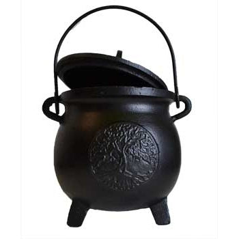 6" Tree of Life cast iron cauldron w/ lid