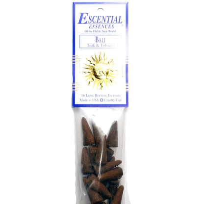Bali Teak and Tobacco Blend Long Burning Incense Cones by Escential Essences, 16 Cones