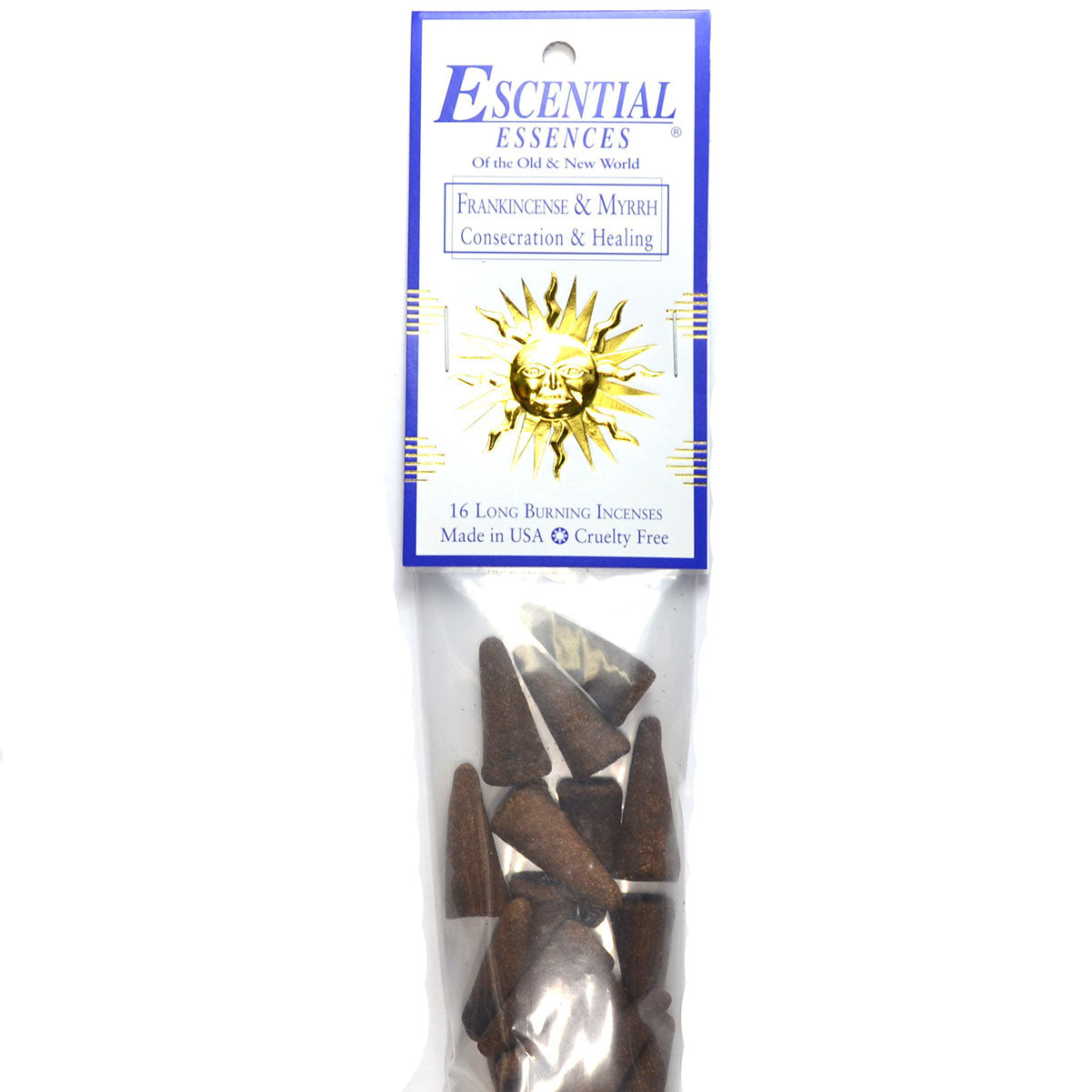 Frankincense & Myrrh Incense Cones by Escential Essences, 16 Long Burning Cones Pack