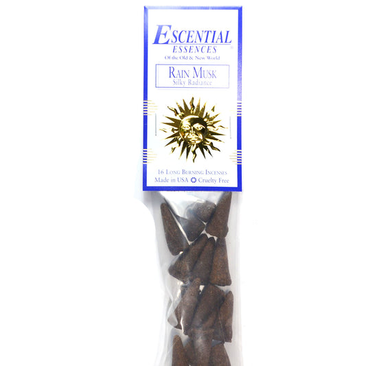 Rain Musk Incense Cones Scented Long Burning Gift Pack by Escential Essences, 16 Cones