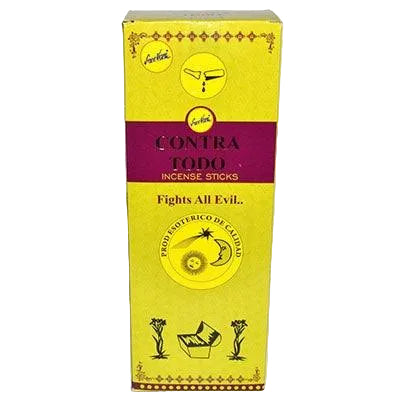 Box of Contra Todo incense sticks with yellow and purple design on a white background