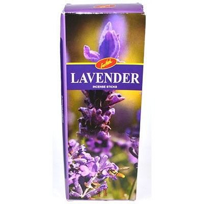 Box of Lavender incense sticks with lavender flowers and a bee on a white background