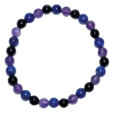 Beaded bracelet with purple, blue, and black beads on a white background