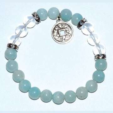 Amazonite Quartz Bracelet with Chinese coin charm featuring 8mm beads for intuition and protection