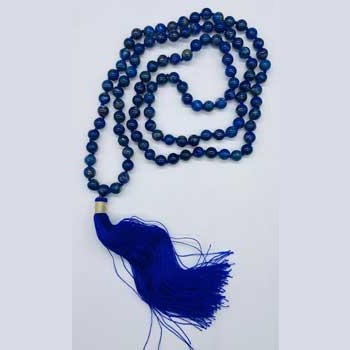 Lapis japmala prayer beads with 108 blue quartz beads and a blue tassel for meditation and spiritual healing