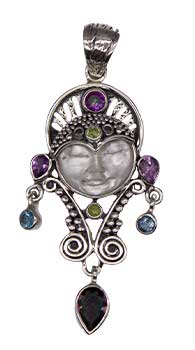 Amethst, Mother of Pearl Face, Qtz, Peridot, Blue Topaz pendant