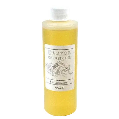Bottle of castor carrier oil with a white label on a white background