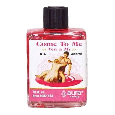 Bottle of 'Come To Me' oil with a black cap on a white background