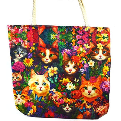 Cat and Flowers Jute Tote Bag, 17" x 17"