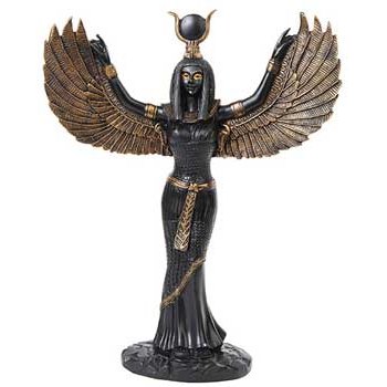 Egyptian Winged Isis Statue, Black and Gold, 12 Inch