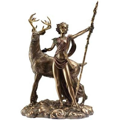 Goddess Diana statue with stag, sword, and spear in bronze detail.