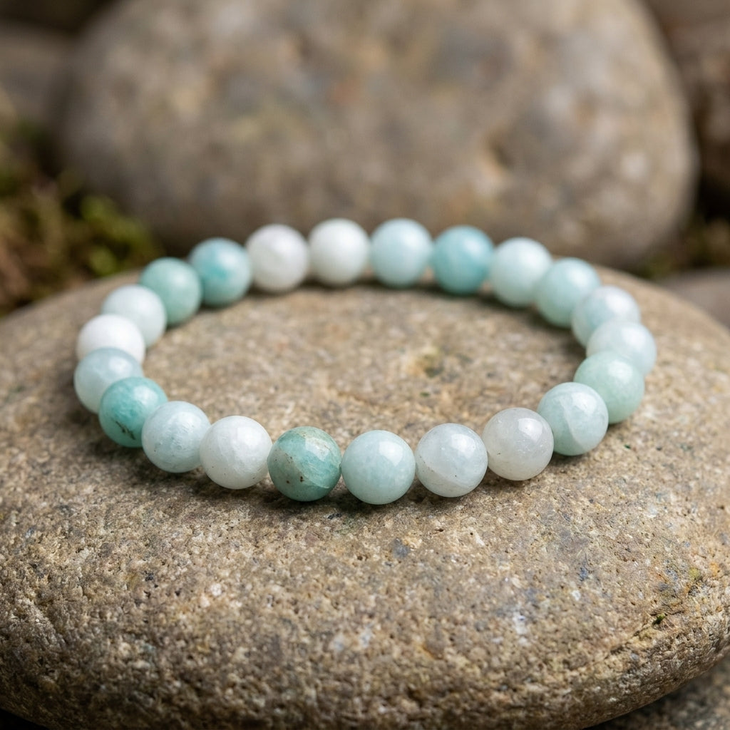 Close-up of a serene blue-green Amazonite beaded bracelet on natural stone with diffused light.