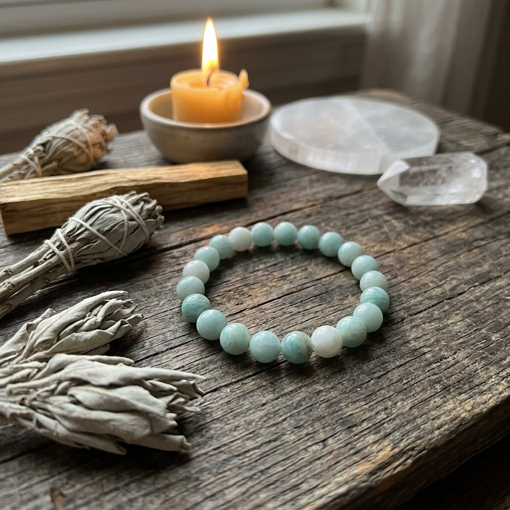 Amazonite bracelet on ritual altar with sage and candlelight, emphasizing micro-details and spiritual ambiance.