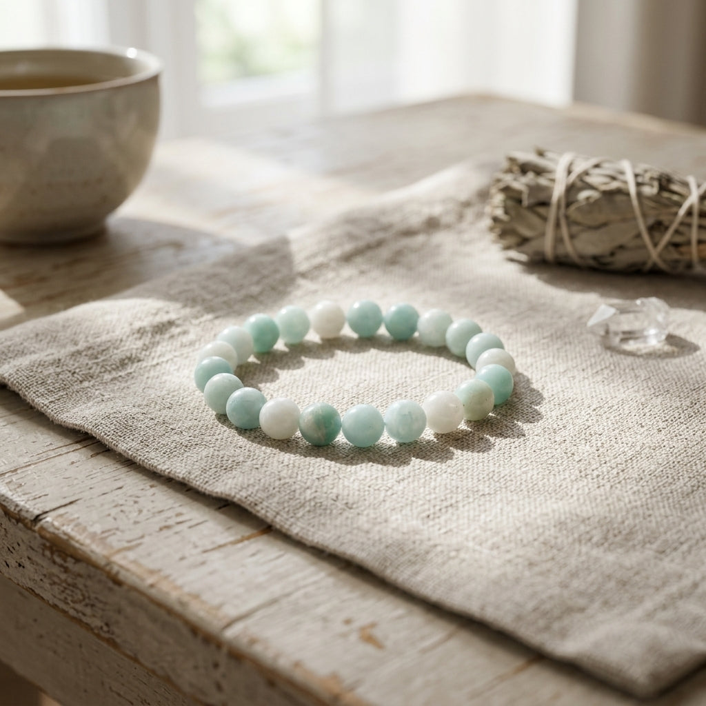 Amazonite beaded bracelet lying on linen fabric, highlighted by gentle morning light to showcase details.
