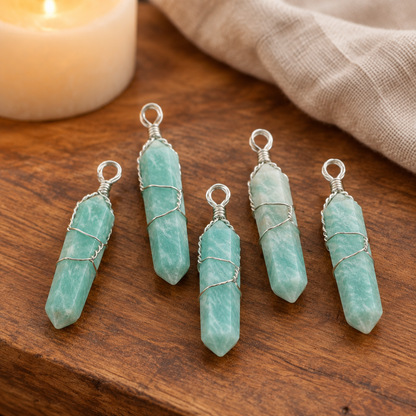 Amazonite points on a wooden altar