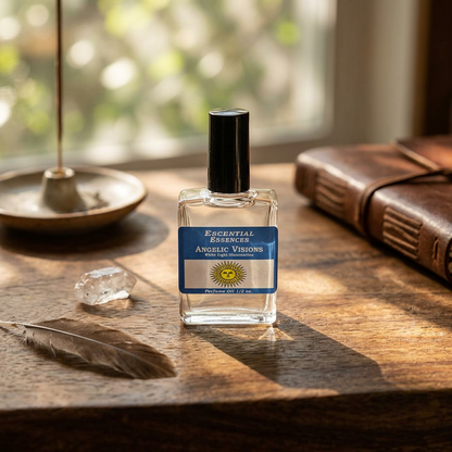 Close-up of Amber Flame perfume oil bottle on a textured wooden surface in a cozy, spiritual altar setting with ritual tools.