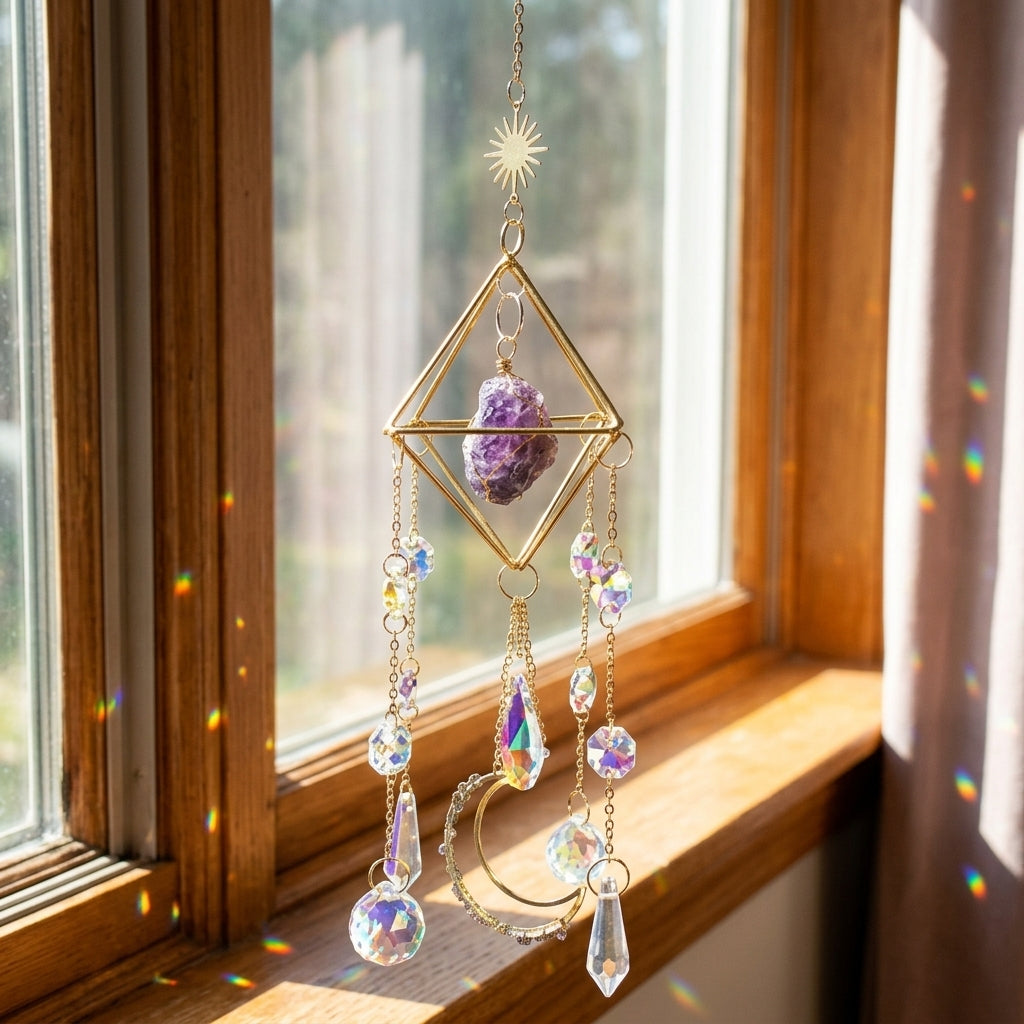 Close-up of 18-inch amethyst sun catcher highlighting its central purple amethyst and sparkling prisms against a neutral background.