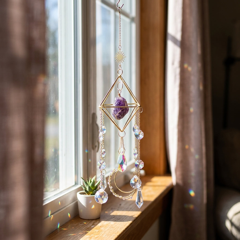 Sun catcher hanging in a sunlit window, casting colorful light patterns, set in a warm cozy interior environment.
