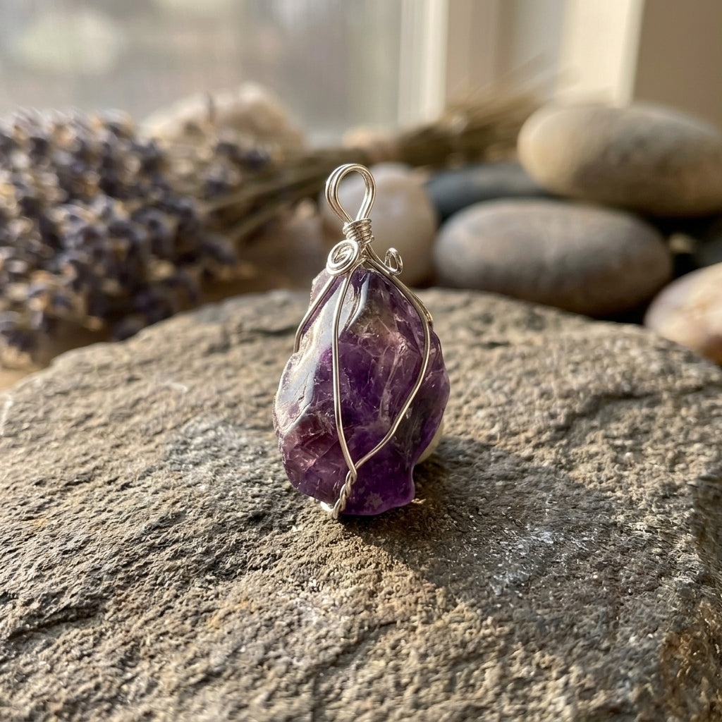 Close-up of a delicate amethyst wire wrapped pendant on a natural stone surface, illuminated by soft natural light highlighting its violet hue.