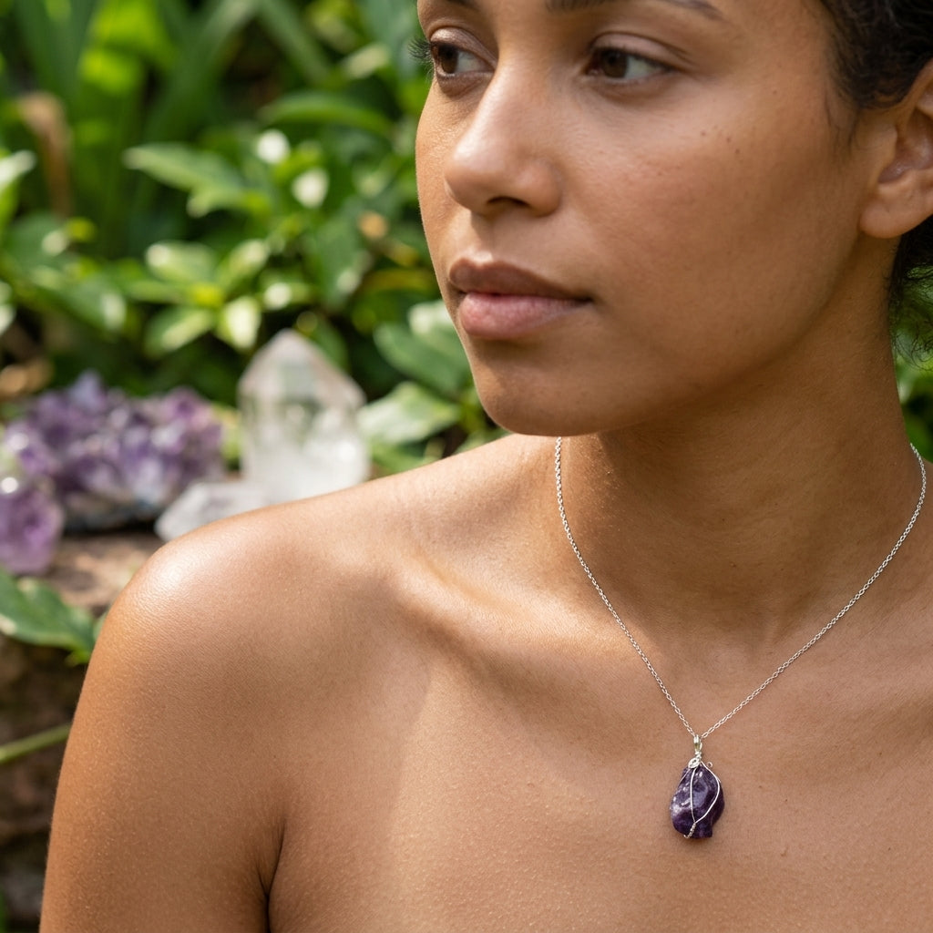 Close-up of a small amethyst wire wrapped pendant on a model's chain outdoors, capturing the soothing violet glow and protective energy.