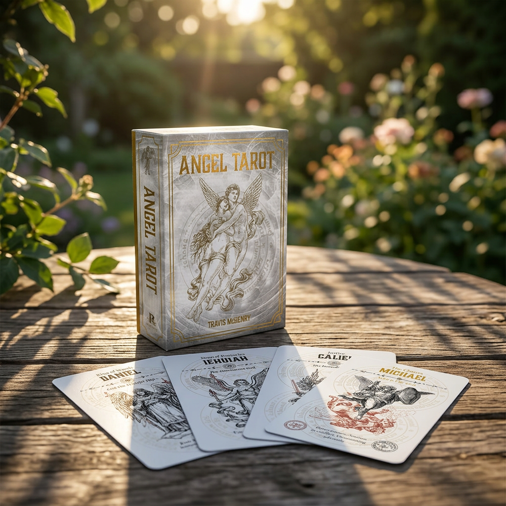 Photorealistic Angel Traot Tarot Deck by Travis McHenry on rustic outdoor table during golden hour, highlighting celestial card artwork.