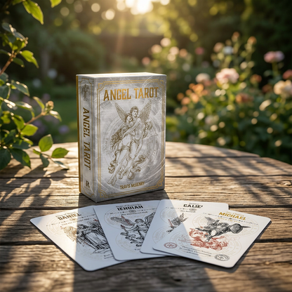 Photorealistic Angel Traot Tarot Deck by Travis McHenry on rustic outdoor table during golden hour, highlighting celestial card artwork.