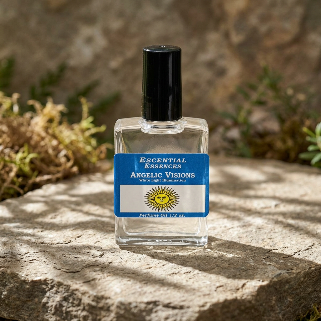 Close-up of Angelic Visions Perfume Oil bottle on natural stone with soft sunlight and earthy background, highlighting minimalist glass design and subtle glow.