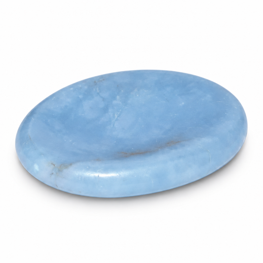 Angelite worry stone on white, review draft
