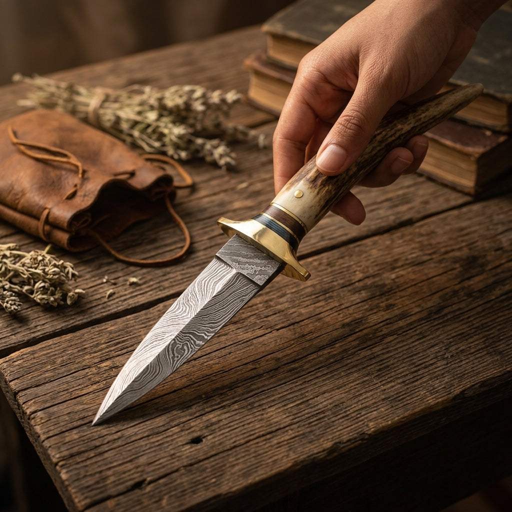 Slightly above angle of full-length Bone Damascus athame highlighting water-patterned blade and organic handle in natural light.