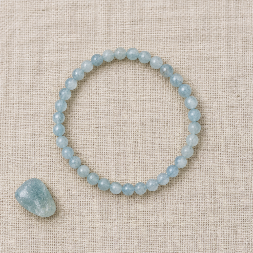 Aquamarine bracelet linen flat lay review draft