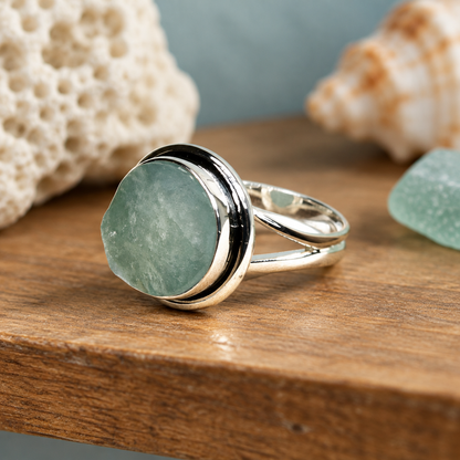 Aquamarine ring on wooden shelf review draft