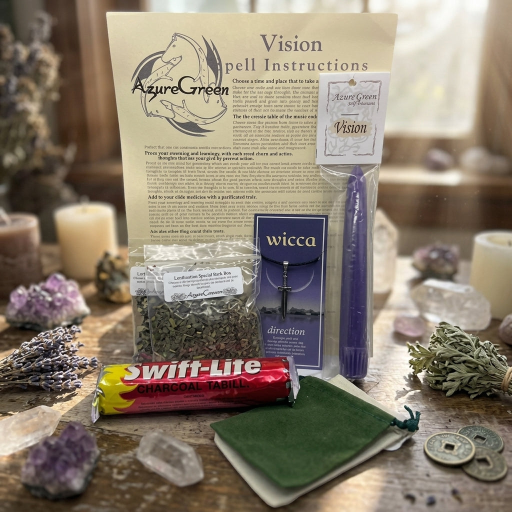 Artistic realistic scene of the Vision Ritual Kit on a textured ritual table with candles, crystals, and herbs in warm morning light.