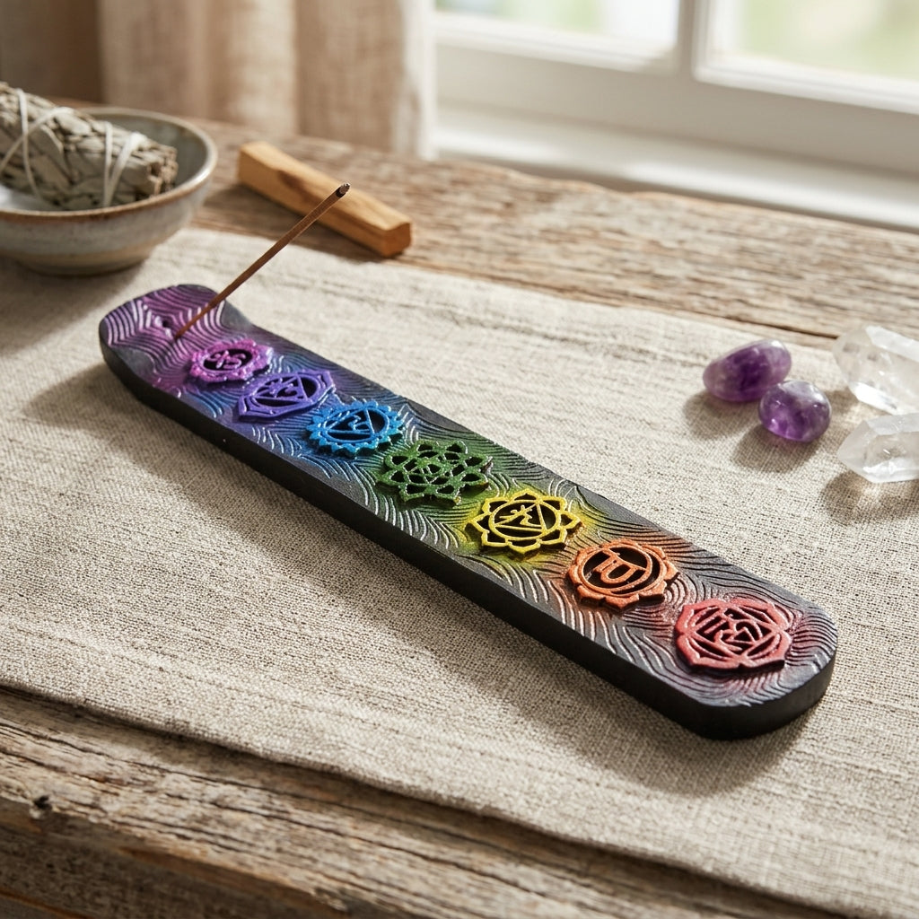 Petite Seven Chakra Incense Burner with vibrant chakra symbols in a peaceful meditation corner on neutral fabric.