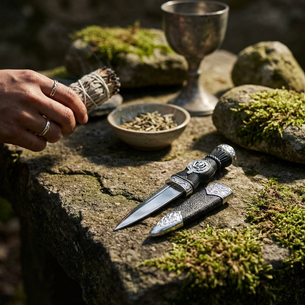Detailed shot of small sgian dubh on mossy stone with Celtic artifacts, showcasing texture and historical significance.