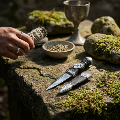 Detailed shot of small sgian dubh on mossy stone with Celtic artifacts, showcasing texture and historical significance.