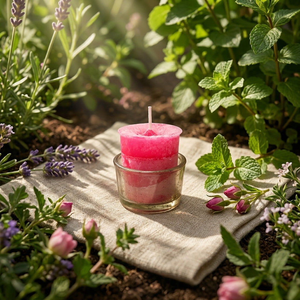 Artistic scene of a bright pink Love Herbal Votive Candle amidst lush green herbs and natural sunlight.