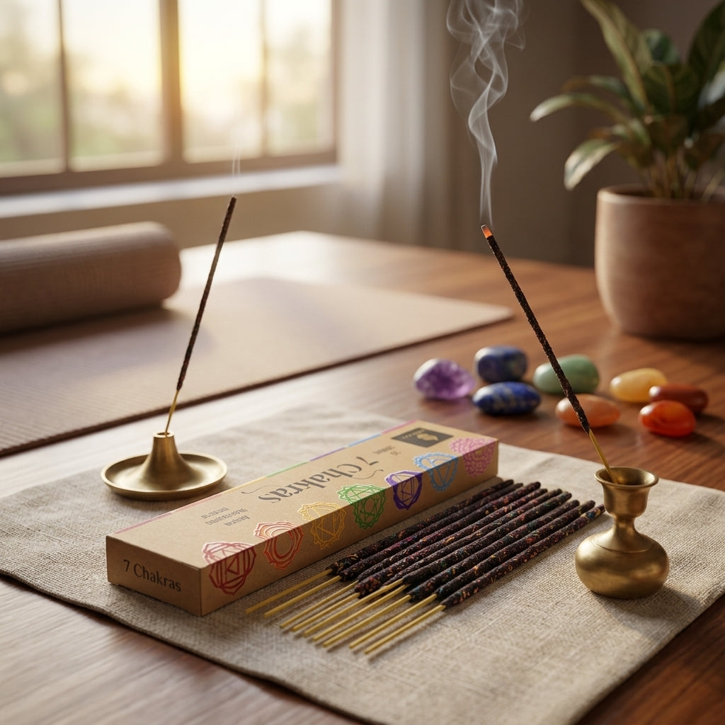 Small 7 Chakra incense stick lying on linen cloth beside a brass bowl and flower petal, with soft diffused lighting highlighting botanical details.