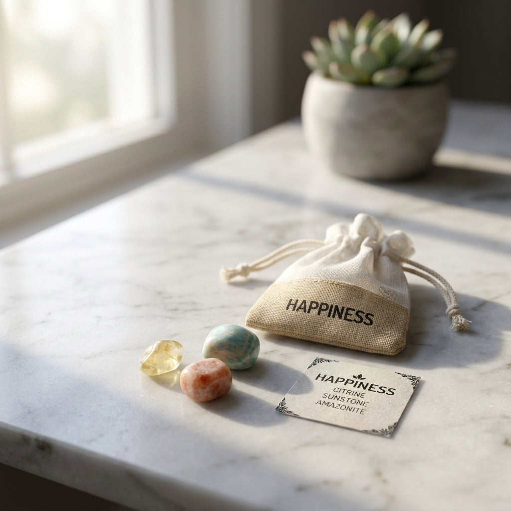 Realistic scene of the Happiness Crystal Kit on a marble countertop, illuminated by soft sunlight, with blurred bag and info card highlighting the micro-details of the small crystals.