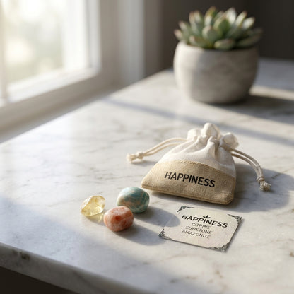 Realistic scene of the Happiness Crystal Kit on a marble countertop, illuminated by soft sunlight, with blurred bag and info card highlighting the micro-details of the small crystals.